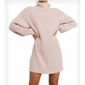 Prinbara Pale Pink Sweater Dress Women Size S Balloon Sleeves Ribbed Boho